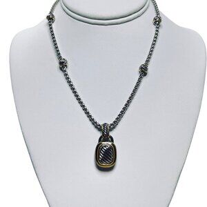 Silver & Gold Tone Rolo Chain Necklace With Hollow Rectangle Pendant (5817)